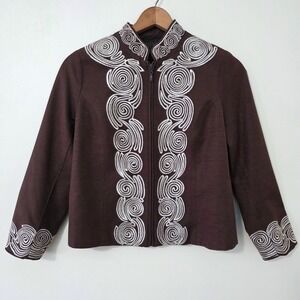 Silkland Silk Embroidered Mandarin Collar Zip Jacket Sz M Petite Brown Old Money